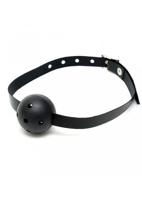 Mouthgag-Adjustable black ball gag with a perforated spherical mouthpiece and adjustable strap with metal buckle