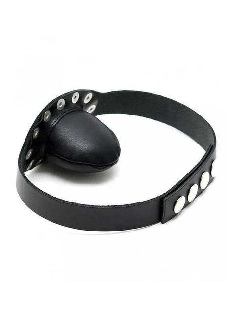 Mouthgag-Adjustable black leather-style gag with a rounded ball, adjustable strap and silver-tone snaps