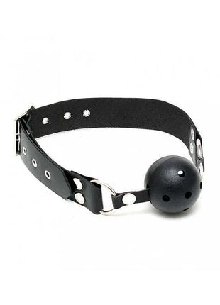 Mouthgag-Adjustable with a black leather strap, silver-tone metal hardware and a round black perforated ball