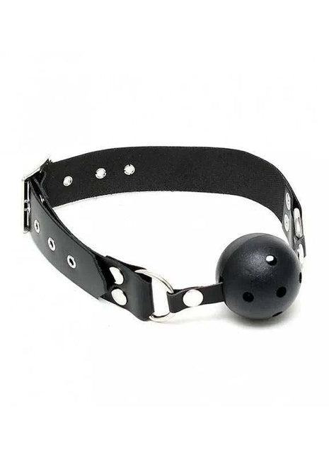 Mouthgag-Adjustable with a black leather strap, silver-tone metal hardware and a round black perforated ball