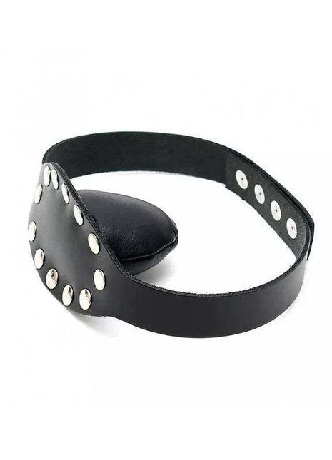 Mouthgag-Adjustable black leather mouth gag with a padded ball and rows of silver-tone studs and snaps