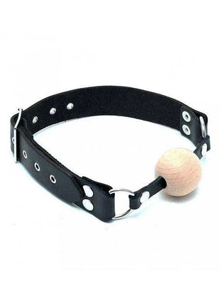 Mouthgag-Adjustable with black leather-like straps, silver metal hardware and a round tan ball gag