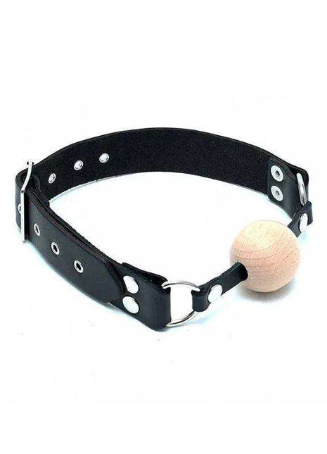 Mouthgag-Adjustable with black leather-like straps, silver metal hardware and a round tan ball gag