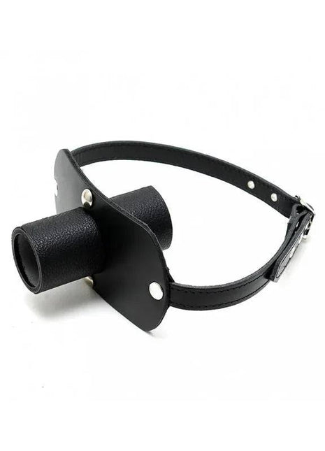 Mouthgag-Adjustable with a black textured cylindrical mouthpiece, leather-look adjustable strap, and silver-tone hardware