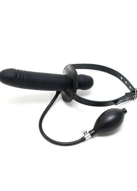 Mouthgag Inflatable with a black ribbed cylindrical gag, adjustable strap, hose and hand pump bulb