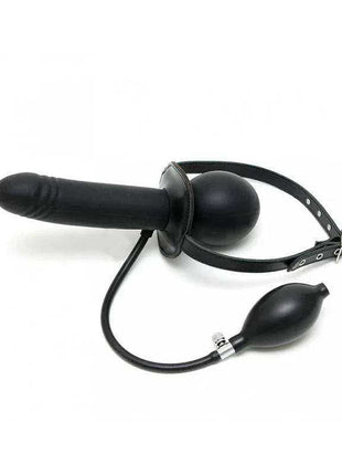 Mouthgag Inflatable with a black rubber mouthpiece, adjustable black strap, air hose and squeeze bulb pump