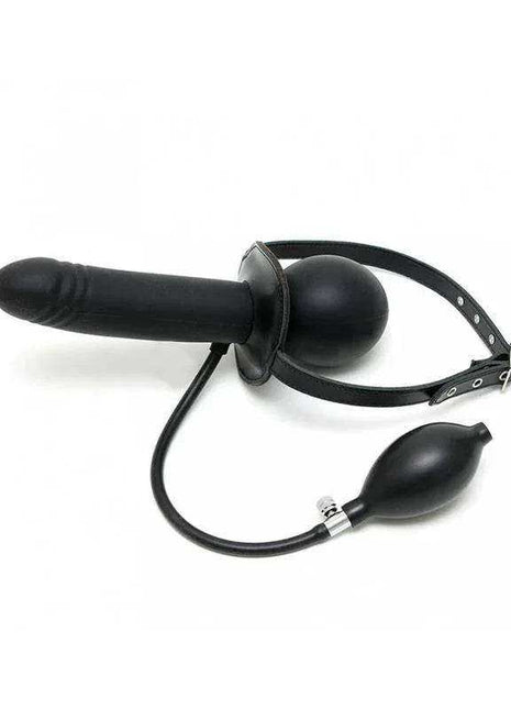 Mouthgag Inflatable with a black rubber mouthpiece, adjustable black strap, air hose and squeeze bulb pump