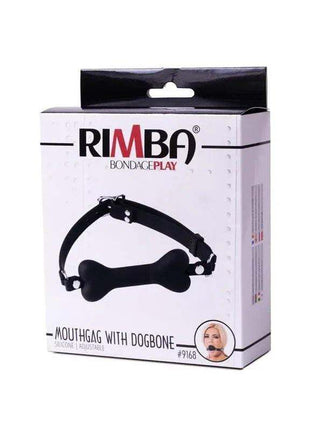 Mouthgag with Dogbone in black, featuring a smooth bone-shaped gag attached to an adjustable strap, shown on its retail box