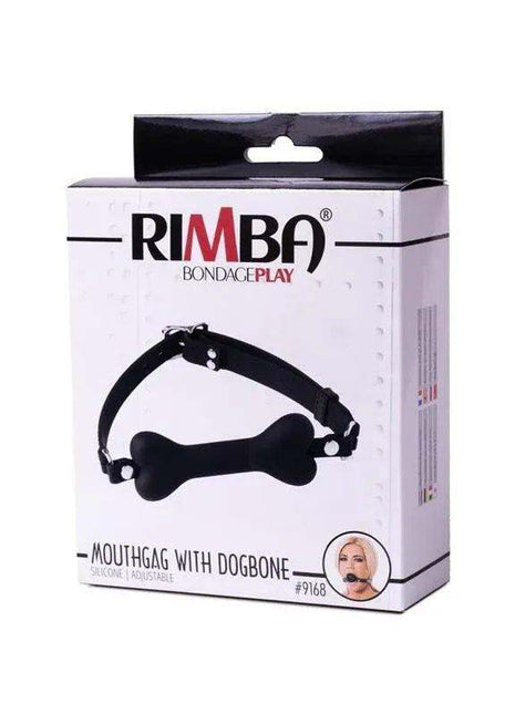 Mouthgag with Dogbone in black, featuring a smooth bone-shaped gag attached to an adjustable strap, shown on its retail box