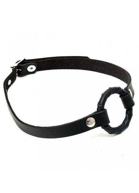 Mouthgag with O-ring-Adjustable, black leather strap with metal snaps and a wrapped circular O-ring