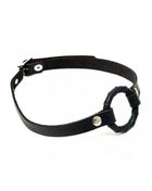Mouthgag with O-ring-Adjustable, black leather strap with metal snap fasteners and a padded circular ring.