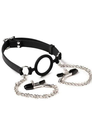 Mouthgag with O-ring and adjustable nipple clamps in a coordinated restraint set for intimate play