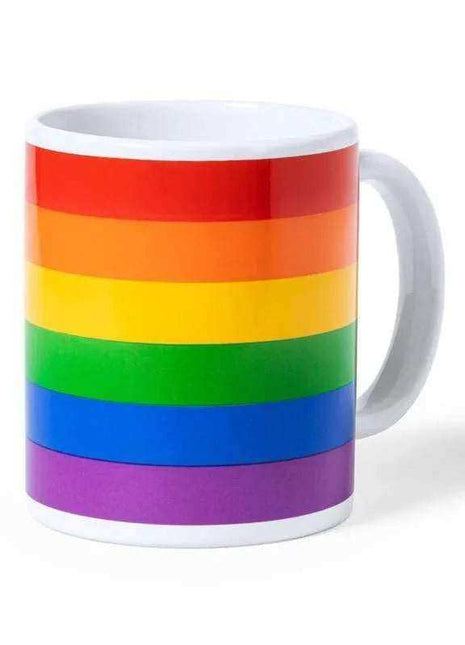 Mug with LGBT flag in white ceramic, featuring bold horizontal red, orange, yellow, green, blue and purple stripes
