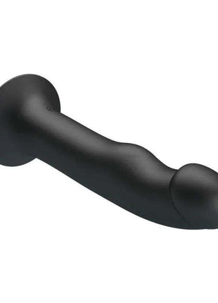 Murray Dildo Vibration, black smooth silicone vibrator with a curved shaft, rounded tip and flared suction-cup base