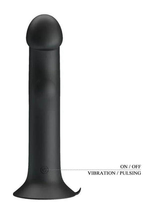 Murray Dildo Vibration, a black smooth silicone vibrator with a rounded tip, flared base, and vibration and pulsing controls.
