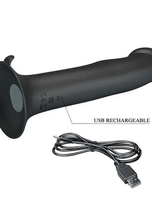 Murray Dildo Vibration in matte black silicone with a flared base, raised tip, and USB rechargeable cable