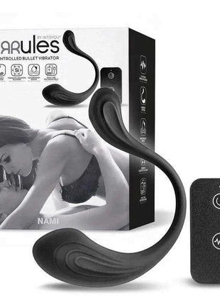 Nami Vibrating Egg remote-controlled bullet vibrator in black silicone with curved design, wireless remote and retail box