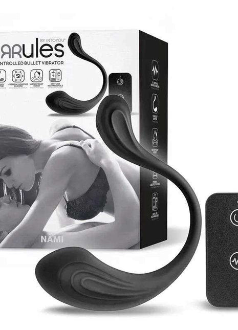 Nami Vibrating Egg remote-controlled bullet vibrator in black silicone with curved design, wireless remote and retail box