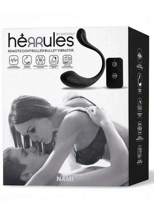 Nami Vibrating Egg remote controlled bullet vibrator shown on its box with a curved black toy and handheld remote