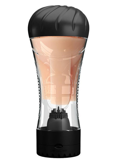 Naomi Masturbator With vibration, clear tapered sleeve, peach-toned insert and black ribbed end caps