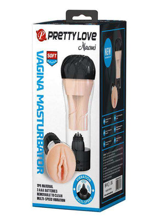 Naomi Masturbator With vibration in pale pink and black, packaged with a realistic vaginal opening and textured sleeve