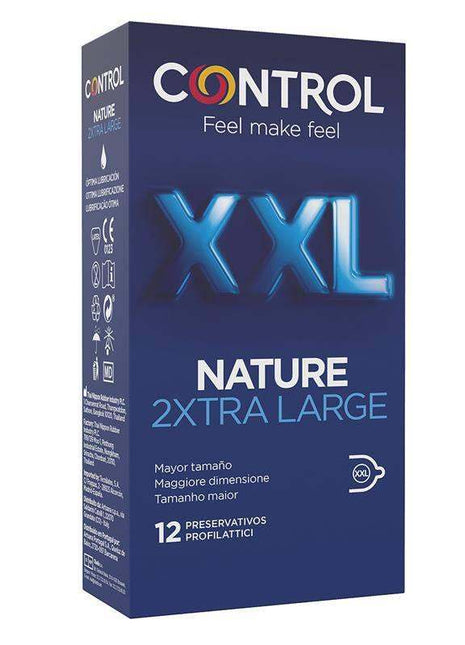 Nature XXL condom pack in a dark blue box with bright blue lettering, marked Nature 2Xtra Large and 12 condoms
