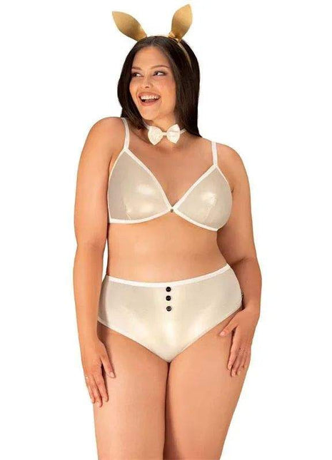 Neo Goldes 2 Pieces Set with an ivory satin-look bralette and high-waisted briefs, finished with gold bunny ears