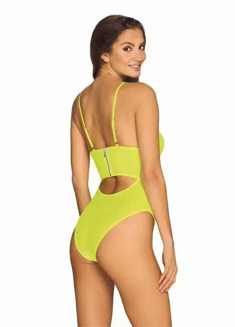Neonia Bodysuit with Zipper in neon yellow, a high-cut one-piece with thin shoulder straps and an open-back cutout