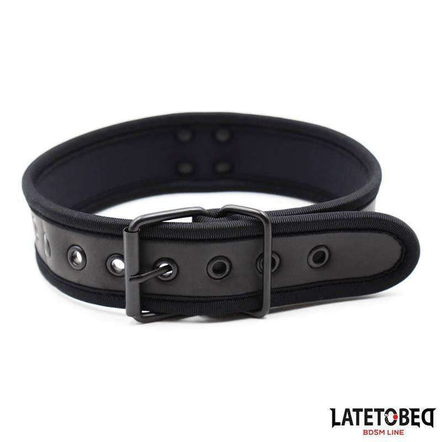 Black adjustable neoprene collar for comfortable all-day wear on active pets