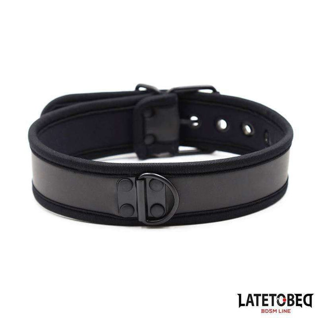 Black adjustable neoprene collar for active pets with soft, flexible material and secure all-day comfort