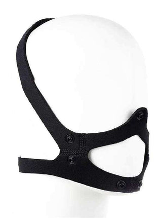 Neoprene Puppy Face Mask in black, with a smooth fabric finish, adjustable snap fasteners and an open nose design