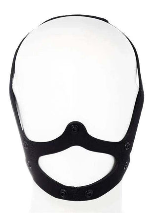 Neoprene Puppy Face Mask in black with a smooth fabric finish, open-frame design and snap fasteners