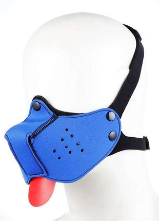 Blue neoprene puppy face mask with adjustable straps for outdoor allergen and sun protection