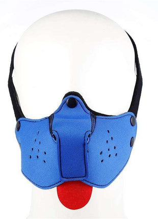 Blue neoprene puppy face mask with adjustable straps for outdoor protection and comfort