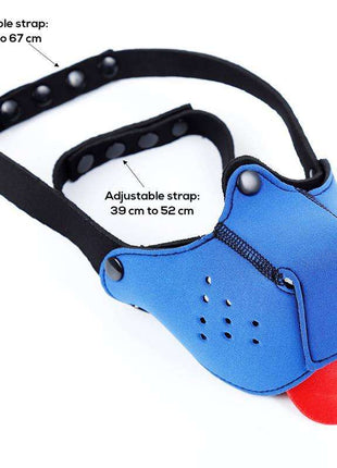 Blue neoprene puppy face mask with adjustable straps for outdoor allergen and sun protection