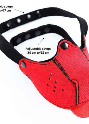 Neoprene Puppy Face Mask in red textured fabric with black adjustable straps, stitched seams, ventilation holes and protruding tongue