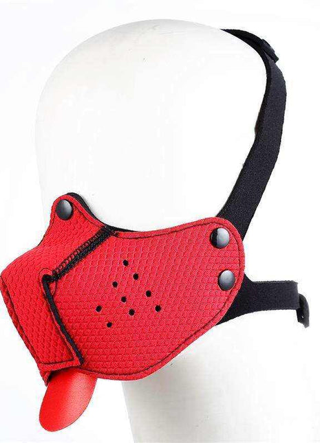 Neoprene Puppy Face Mask in red textured material with black straps, metal snaps, ventilation holes and protruding tongue