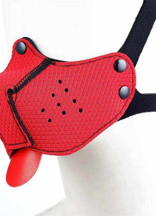 Neoprene Puppy Face Mask in red textured fabric with black straps, ventilation holes, snap fasteners and a protruding tongue
