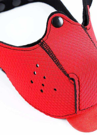 Neoprene Puppy Face Mask in bright red textured fabric with black trim, snap fasteners, and a protruding tongue-shaped panel