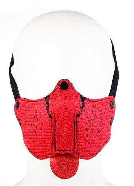 Neoprene Puppy Face Mask in bright red with a textured, ribbed design, black trim, and a protruding tongue flap
