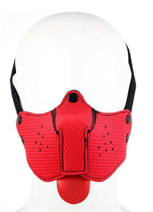 Red neoprene face mask with adjustable ear loops featuring a playful puppy print for comfortable everyday wear