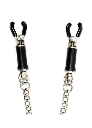 Nipple Clamps - Adjustable with black rubber-coated grips, shiny metal fittings, and dangling silver chains.