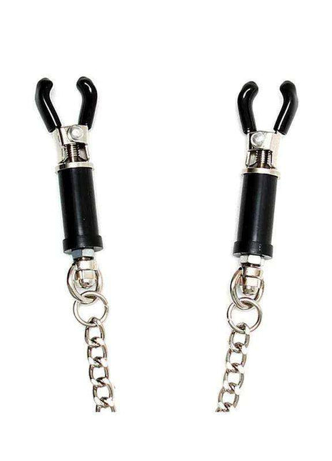 Nipple Clamps - Adjustable with black rubber-coated grips, shiny metal fittings, and dangling silver chains.