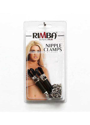 Nipple Clamps - Adjustable in black with silver metal fittings and chain, displayed in clear Rimba packaging