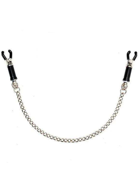 Nipple Clamps - Adjustable with black rubber-coated tips and a silver-tone connecting chain for adjustable fit