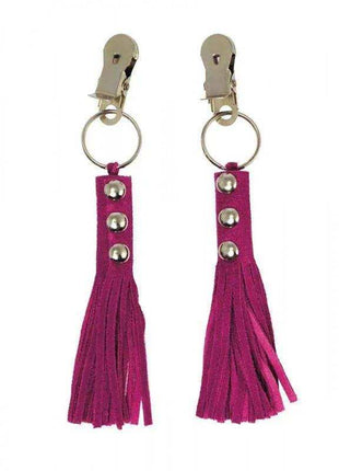 Nipple Clamps with silver metal clips and rings, featuring magenta leather straps, metal studs, and fringe tassels