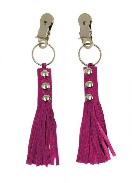 Nipple Clamps with silver metal clips and rings, featuring magenta leather straps, metal studs, and fringe tassels