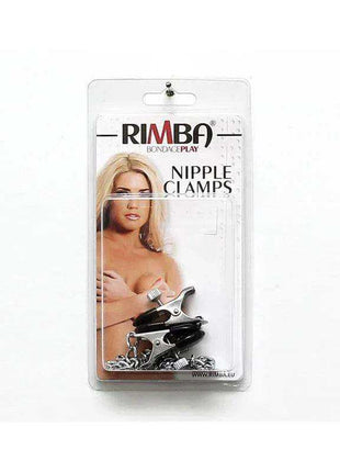 Nipple clamps in a clear retail package, featuring silver adjustable metal clips with black tips and a linked chain.