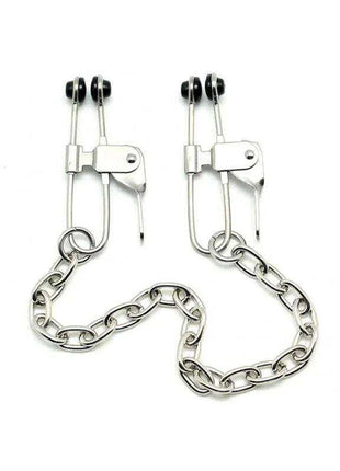 Nipple Clamps in polished silver metal with black padded tips, adjustable clip mechanisms and a connecting chain.