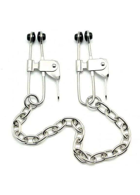 Nipple Clamps in polished silver metal with black padded tips, adjustable clip mechanisms and a connecting chain.